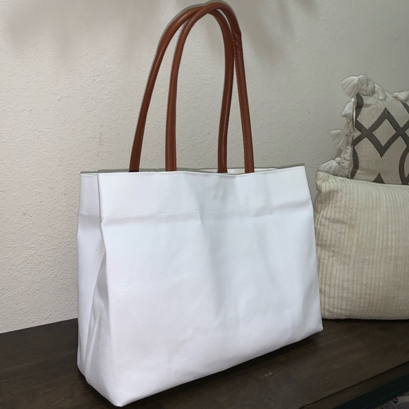 NWOT Mama with Heart Tote Bag / Shoulder Bag Canvas White with Brown Handles - Picture 6 of 7